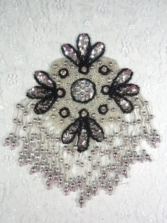 MA245 Silver Black Rhinestone Beaded Sequin Epaulet Hair Bow / Brooch / Applique 8"