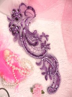 MS10 Lavender Metallic Venise Lace Beaded Sequin Applique 8"