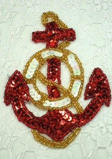 MS2  Red Anchor Sequin Beaded Applique 4"