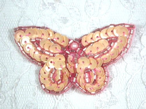 MA160 Rose Pink Beaded Sequin Butterfly Brooch / Earrings / Applique 2"