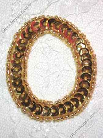 0274A  Letter ( O ) Sequin Beaded Applique 2.25"-letter,alphabet,gold,sequin,beaded,applique,trimmings,embellishment,orange,rhinestone,oval,motif 