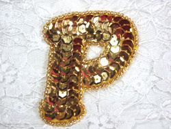 0274A  Letter ( P ) Sequin Beaded Applique 2.25"-letter,alphabet,gold,sequin,beaded,applique,trimmings,embellishment,orange,rhinestone,oval,motif 