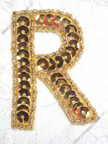 0464  Gold Letter ( R ) Sequin Beaded Applique  2"