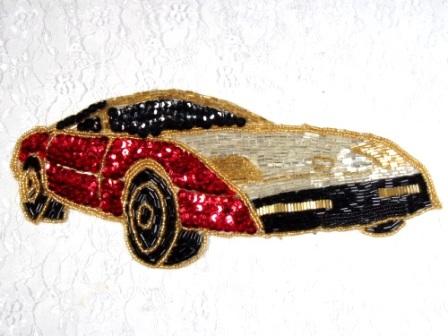 L  Red Corvette Car Sequin Beaded Applique 10"-applique,beaded,sequin,car,corvette