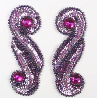 E3424  Violet Mirror Pair Sequin Beaded Appliques  5.25"-violet,applique,beaded,pair,sequin