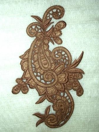 E645  Brown Paisley Embroidered Iron On Applique 9.5"-scroll,paisley,flower,floral,brown 