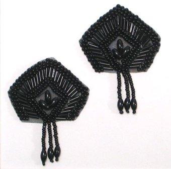 E1063  Set of (2) Black Dangle Pair  Beaded Appliques 2"-black,applique,beaded,pair