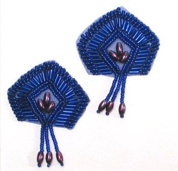 E1063  Set of (2) Royal Blue Dangle Pair  Beaded Appliques 2"-royal,blue,applique,beaded,pair