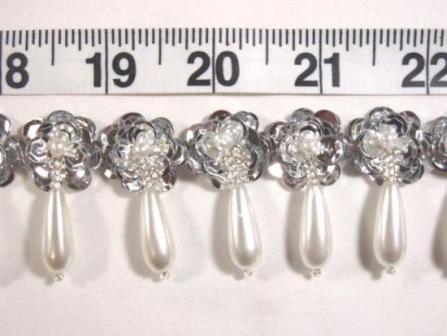 T8900D Silver Pearl Dangle Sequin Beaded Applique or Trim