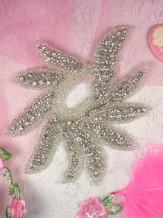 TS5 Crystal Clear Silver Beaded Rhinestone Applique 4.75"