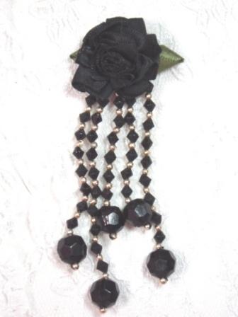 VD21  Black  Floral Dangle Beaded Applique 3.75"-applique,beaded,black,floral,rose,dangle, 