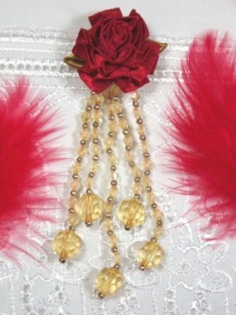 VD21 Red/Gold Floral Dangle Beaded Applique 3.75"-applique,beaded,red,gold,floral,rose,dangle, 