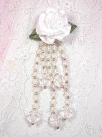 VD21  White Floral Dangle Beaded Applique 3.75"-applique,beaded,white,floral,rose,dangle, 