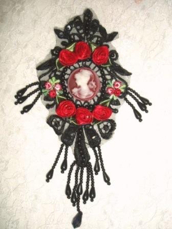 VG27  Black Red Venise Lace Cameo Applique 7.5"-black,embellishment,red,victorian,cameo,applique,venise,lace,venice