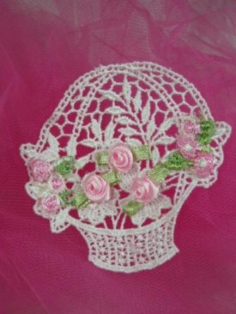 VG47   White Pink Basket Venise Lace Applique 3"-pink,venise,venice,lace,cameo,applique